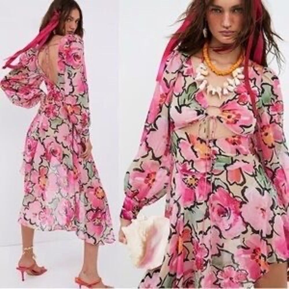 NWT For Love & Lemons Tiana Printed Flowy Ruffles Sheer Tie Front Midi Dress S